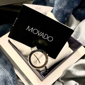 MOVADO BOLD SILVER BANGLE WATCH WITH CRYSTAL ACCENTS